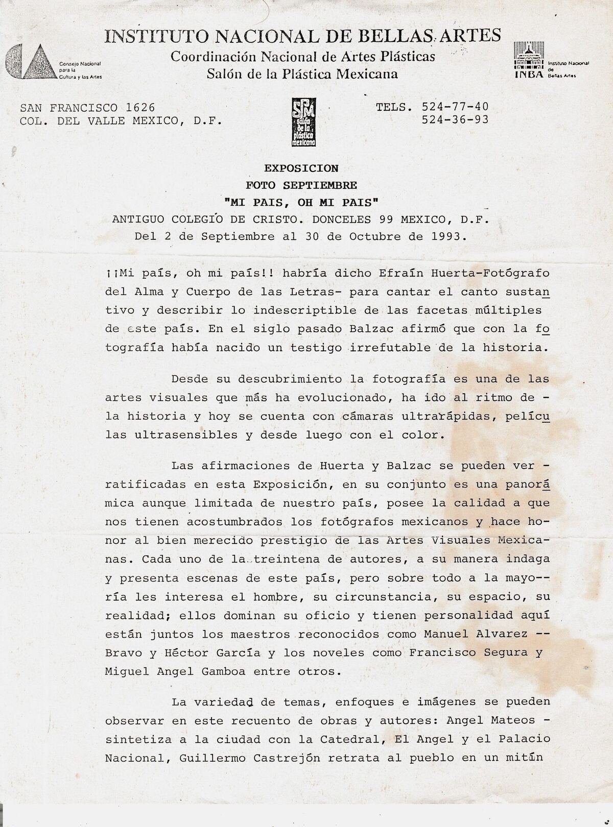 1993 — INBA Foto Septiembre: Mi País, Oh Mi País (letter p.1)